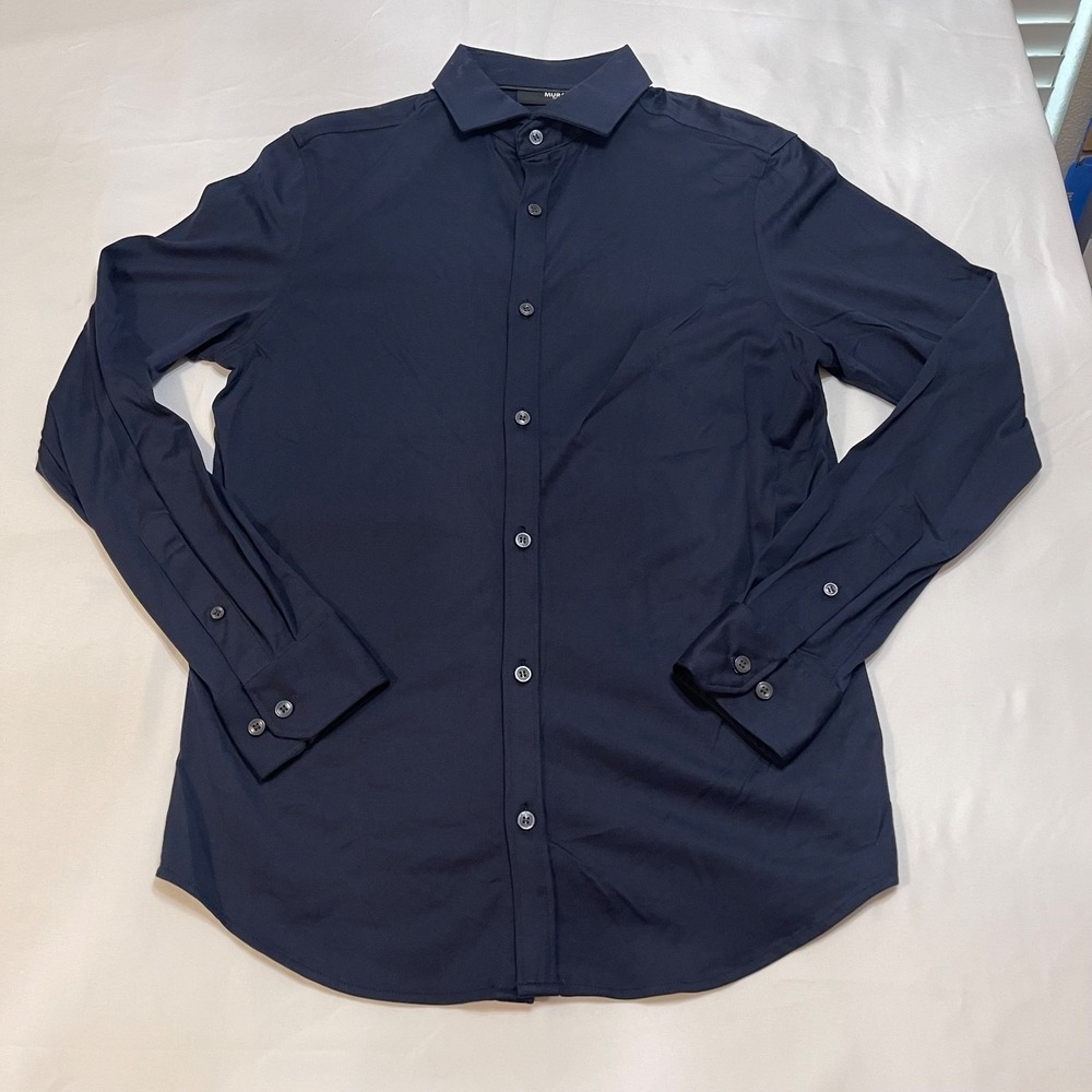 Murano Liquid Luxury Mens M Navy Blue Slim Fit Stretch Button Up Dress Shirt